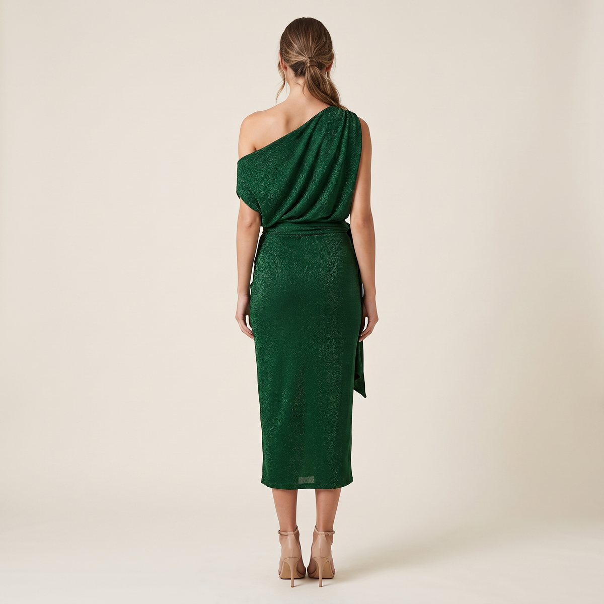 Zinnia Asymmetric Off-Shoulder Metallic Wrap Midi Dress – Forest Green – back view