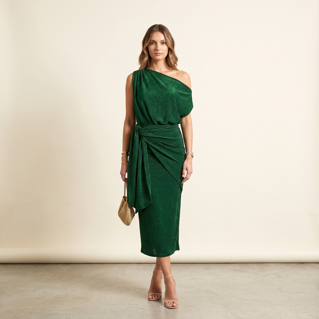 Zinnia Asymmetric Off-Shoulder Metallic Wrap Midi Dress – Forest Green – front view