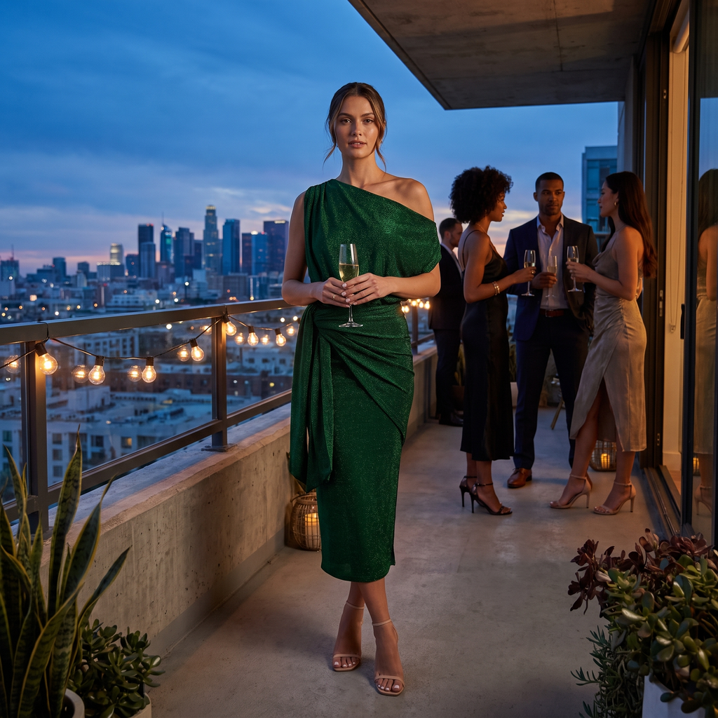 Zinnia Asymmetric Off-Shoulder Metallic Wrap Midi Dress – Forest Green – lifestyle
